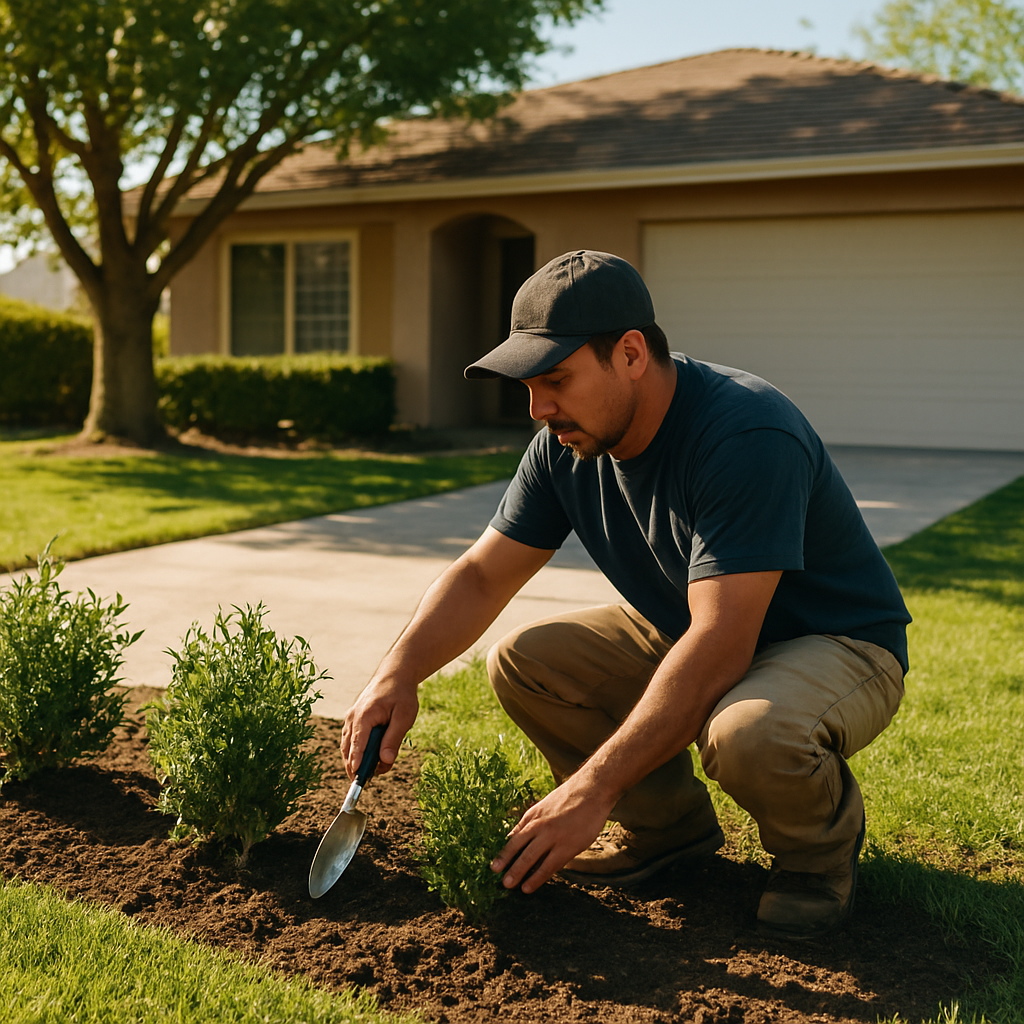 Landscaper planting plants on a jobsite
