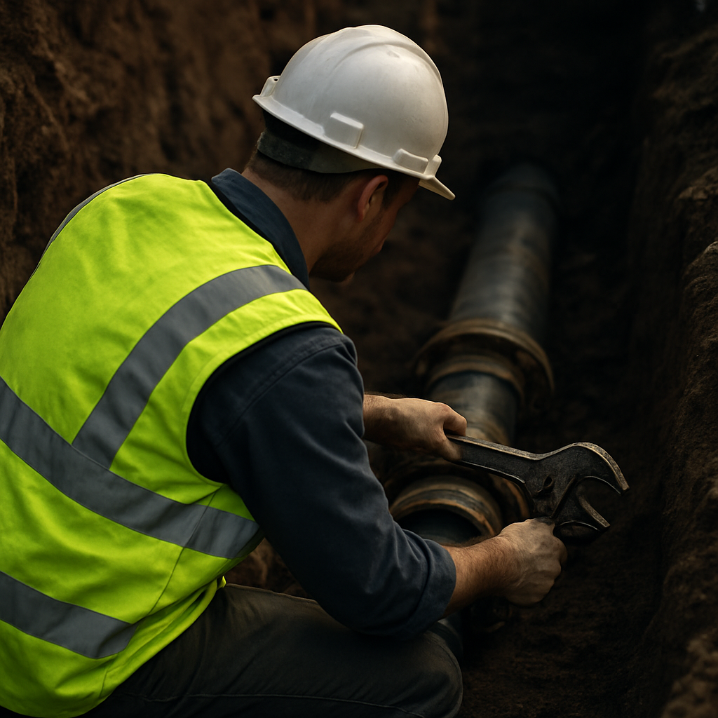 Utility worker installing a water line